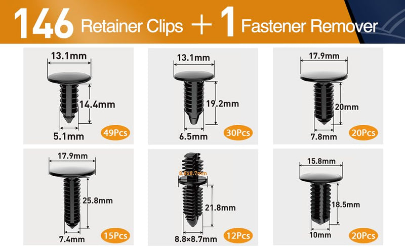 GOOACC 146PCS Nylon Bumper Shield Retainer & Double End Xmas Tree Retainers Clips Universal Auto Body Shield Retainer Fastener Clip Assortment- Bonus Fastener Remover 146Pcs Clips + Remover