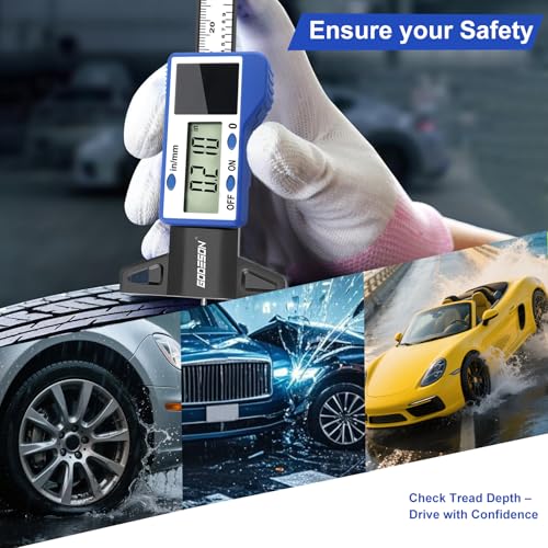 GODESON Digital Tire Tread Depth Gauge – Solar & Battery Hybrid, Inch/MM Modes, 1"/25.4mm Range, Blue Accurate Tread Depth Gauge Tool for Cars, Trucks & Motorcycles Tire Wear Check IN/MM - Blue