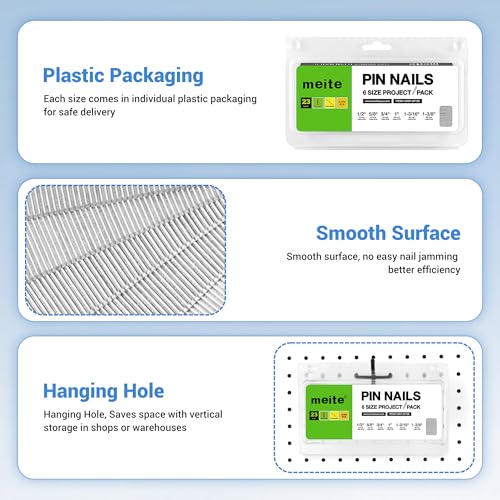 meite 23 Gauge Pin Nails, Assorted 6 Sizes (1/2", 5/8", 3/4", 1", 1-3/16", 1-3/8") Micro Headless Piner Nails - Galvanized 23GA Pins Nails for Nail Gun, Ideal for Trim Work (6,000 Counts) 6 Sizes (1/2",5/8“,3/4”,1",1-3/16",1-3/8")