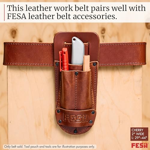 FESA Men's Leather Tool Belt - Handcrafted Top Grain Leather Tool Pouch Belt for Carpenters & Other Trade Professionals Cherry - 2" Wide - L