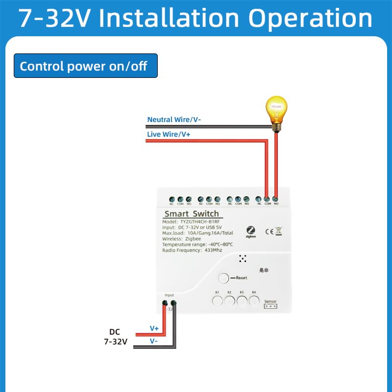 Zigbee Temperature Monitor Controller,4 Channel 12V Tuya app Remote Dry Contact Smart Relay Switch with Waterproof Temperature Sensor Probe(Tuya Zigbee hub needed)