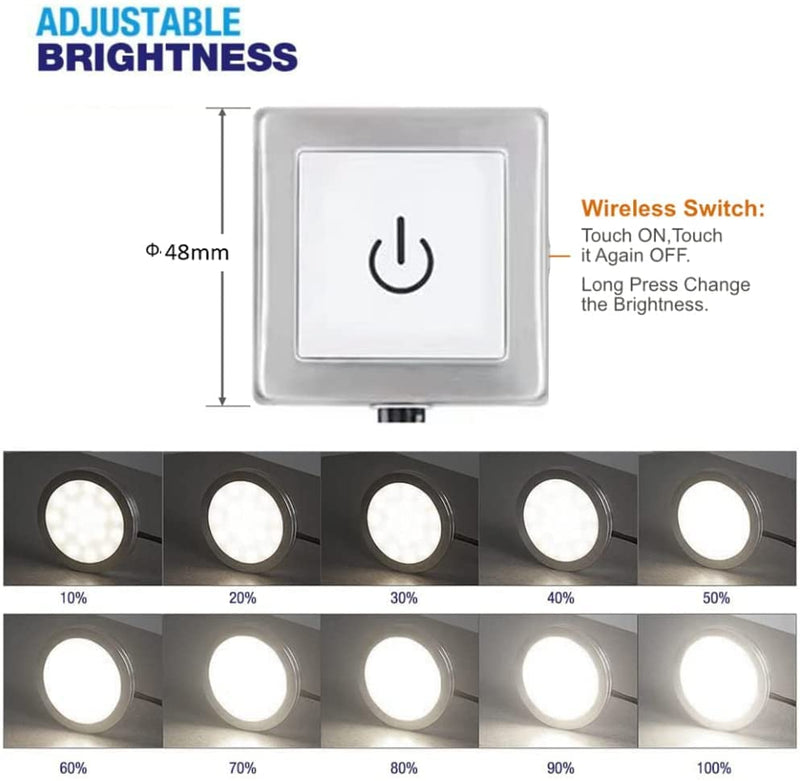 VST Under Cabinet Lights Plug in with Wired Touch Dimmer Switch,Recessed or Surface Mount,Natural White 3000K 12V 2W(12W Total, 60W Equivalent),6 Pack White Puck Lights Fixtures White 6 Pack