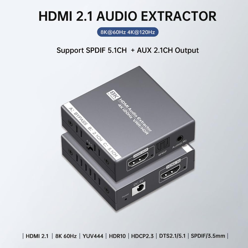 8K HDMI 2.1 Audio Extractor 4K@120Hz/8K@60Hz, HDMI to Optical and 3.5mm Audio Adapter for PS4/5, Fire Stick, Speakers, Headphones, Blu-ray Player