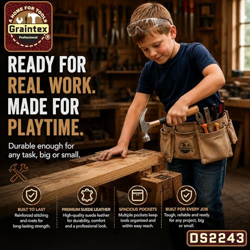 Graintex DS2243 :: 9 Pocket Children Tool Belt Beige Color Suede Leather, Kids Real Tool Belt, Boys and Girls Tool Apron for Home Improvement, 1.1/2" Leather Belt, Hammer Loops 9 Pockets