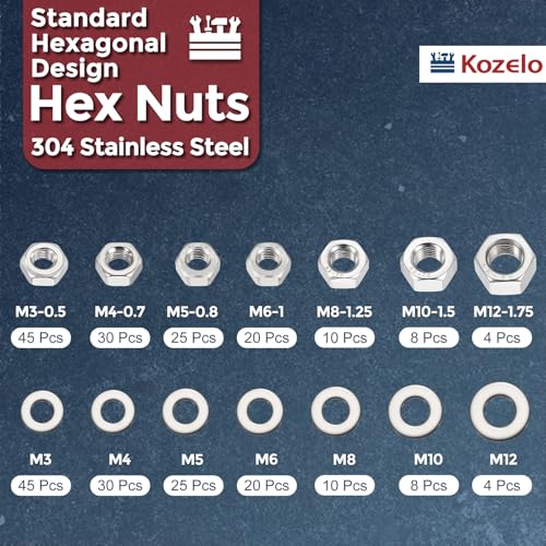 284pcs[M3 M4 M5 M6 M8 M10 M12] Hex Nuts Assortment Kit SS304 M3/M4/M5/M6/M8/M10/M12 284