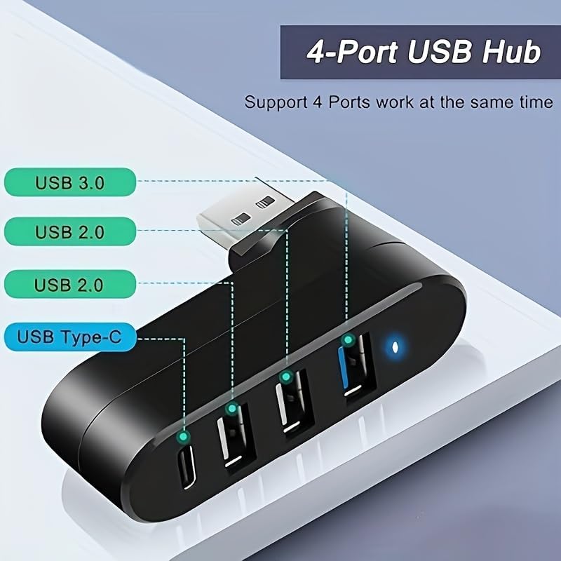 4-Port USB 3.0 Hub [90°/180° Degree Rotatable] | USB Splitter with PD-in 5W USB C Port, USB Extender for Laptop, Car, iMac, MacBook Air, MacBook Pro, and More