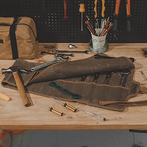 Tool Roll Up Organizer Bag, Heavy Duty 16oz Waxed Canvas Wrench Roll Up Bag with Straps, Multi-Purpose Tool Pouch (Grey) Grey