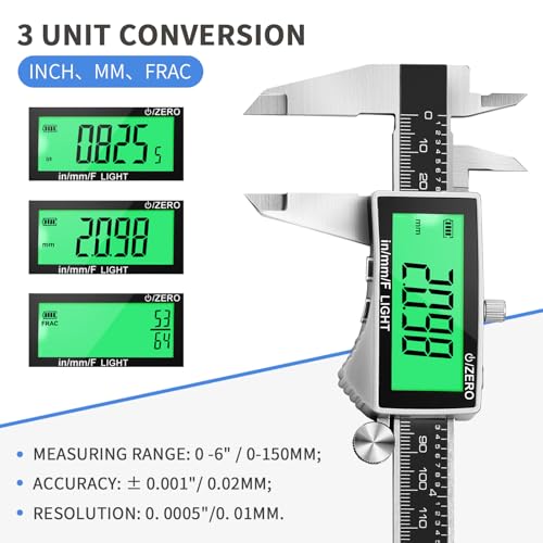 Digital Caliper, Rechargeable Calipers Measuring Tool with Large LCD Backlight Screen, 6 Inch Stainless Steel Vernier Micrometer, Auto-Off, Easy Switch from Inch Metric Fraction for DIY/Household