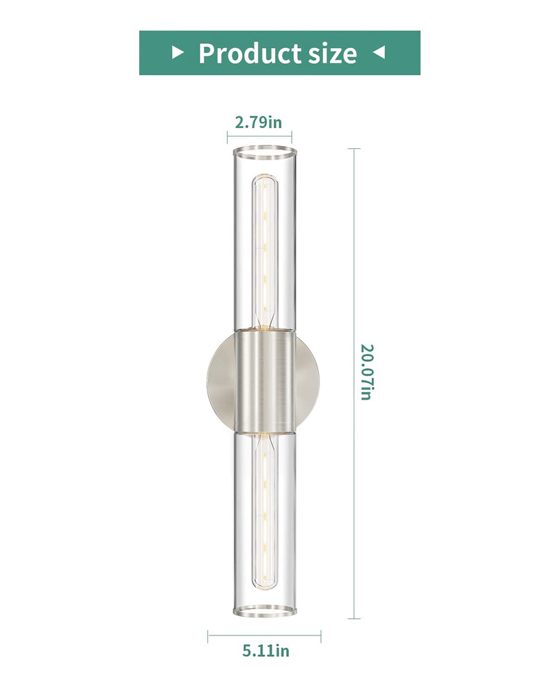 Bathroom Vanity Light Fixture, 2-Light Brushed Nickel Wall Sconce Lighting Fixture with Clear Glass, Indoor E26 Stocket Silver Wall Lamp for Mirror Living Room Hallway(Bulb Not Included) 1 Count (Pack of 1)