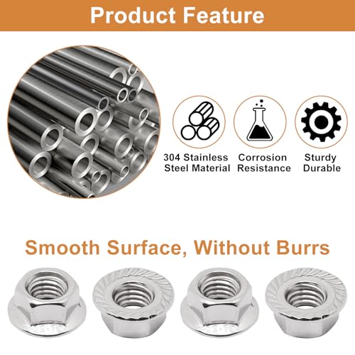 50Pcs Hexagon Flange Nuts M10 x 1.25mm Thread 304 Stainless Steel Serrated Flange Hex Nuts Bright Finish Lock Nuts M10 x 1.25
