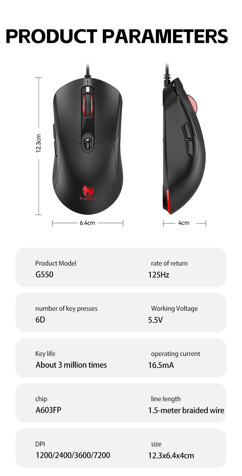 Wired Gaming Mouse, 7200 Adjustable DPI, 6 programmable Buttons, 3 Million-Click lifespan, 1.5-Meter Braided Cable, red Non-Slip Grip pad—for PC Gaming and Office use
