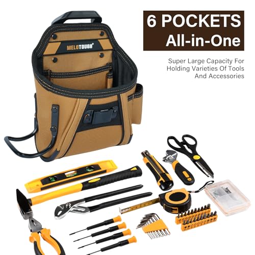 MELOTOUGH Electrician Tool Belt Pouches with Belt Clip Utility Tool Organizer Pouch with Hammer Holder for Electrician,Carpenter,Construction,Technician Khaki Tool Pouch
