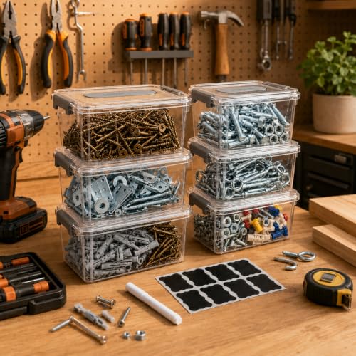 Hardware Organizer, 6-Pack Tool Box with Labels and Marker for Workshop