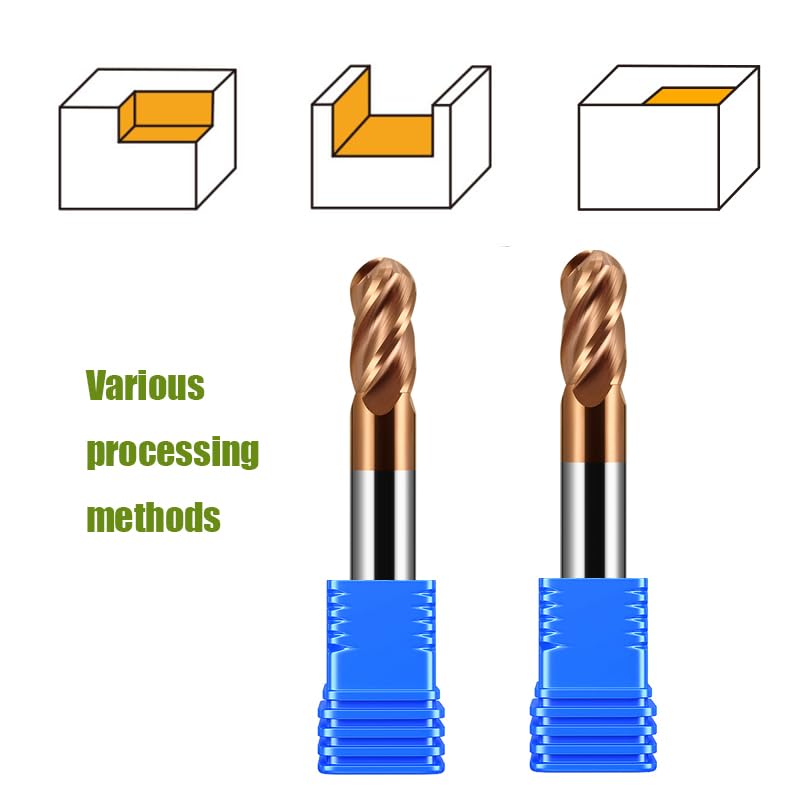 1/16" 1/8" 3/16" 1/4" 3/8" Carbide Ball Nose end Mill Bits Set - 5Pcs 4 Flutes TISIN Coated - for Alloy Steels, Hardened Steels