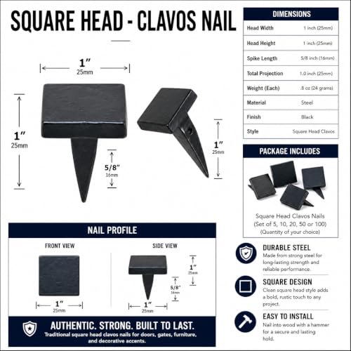 1”- SQUARE HEAD Clavos Nails | Hand Forged Iron Black Decorative Hardware Doors Gates Beams Furniture Rustic Old World Farmhouse Accent (5) 5