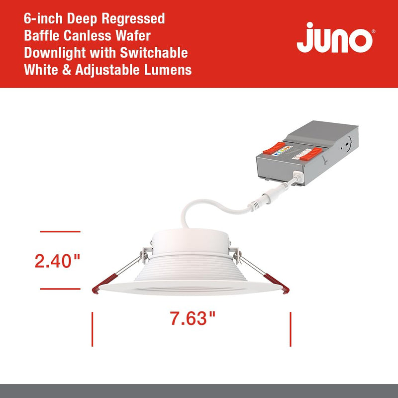 Juno LED Recessed Lights 6 Inch Round Wafer Downlight, 5-in-1 Switchable White Color Temperature, Adjustable Brightness, Deep Regressed Baffled Trim, 6-Inch, Matte White Deep Baffle Trim