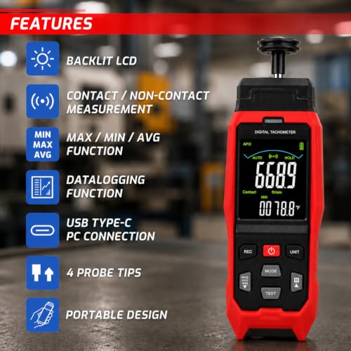 Digital Tachometer Non-Contact & Contact RPM Meter Datalogger, 3-100,000 RPM Laser Tachometer with 2,000 Data Logging Function, Surface Speed & Length Measurement, Includes Reflective Tape and Probes