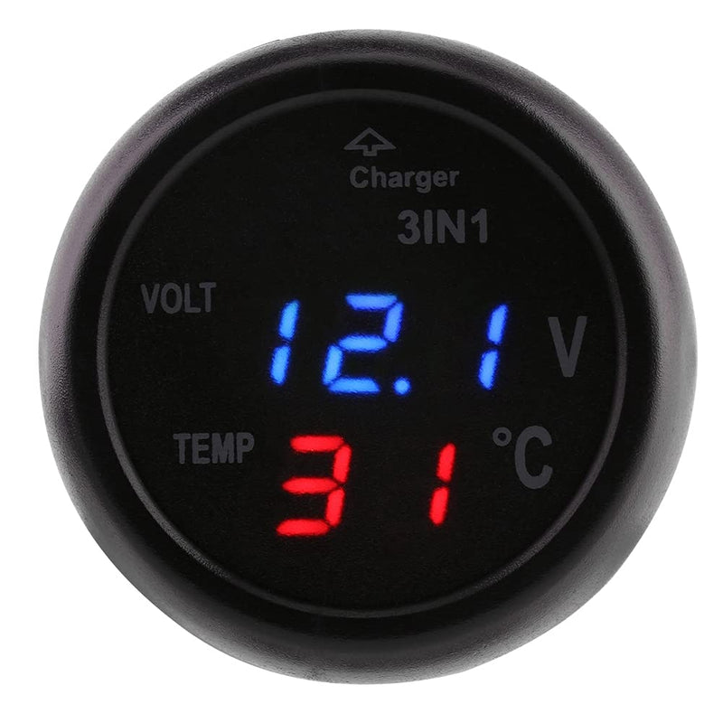 3in1 Auto Gauge Dual LED Digital Display Voltmeter Thermometer Cigarette Lighter USB Car Charger Temperature Monitor Meter (Blue Red #02) Blue Red #02