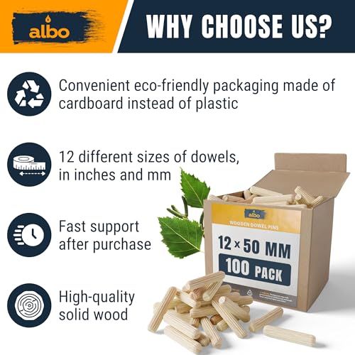 ALBO 100 Pcs Wooden Dowel Pins, Fluted Hardwood, 12x50 mm, 15/32" x 1.97" 12x50mm - 100pcs