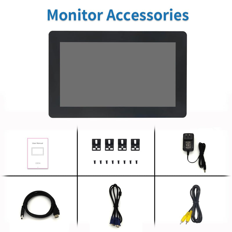 7 inch Touch Security Monitor & Displays, HD/BNC/AV/VGA/USB Input, 1024 * 600 Resolution, Built-in Dual Speakers Portable LCD Touch Monitor, Suitable for Game PC DVD DSLR CCTV 7 inch Touch Monitor S707H