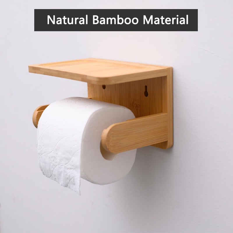 Toilet Paper Holder with Phone Shelf Bamboo Toilet Paper Storage Wall-Mounted, No-Drill & Drillable Space Saver Tissue Roll Rack for Bathroom, Kitchen, Home Décor(Bamboo)