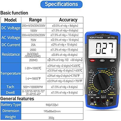 Digital Multimeter Automotive Engine Analyzer 3-1/2 Manual Ranging 20A DMM AP-770J