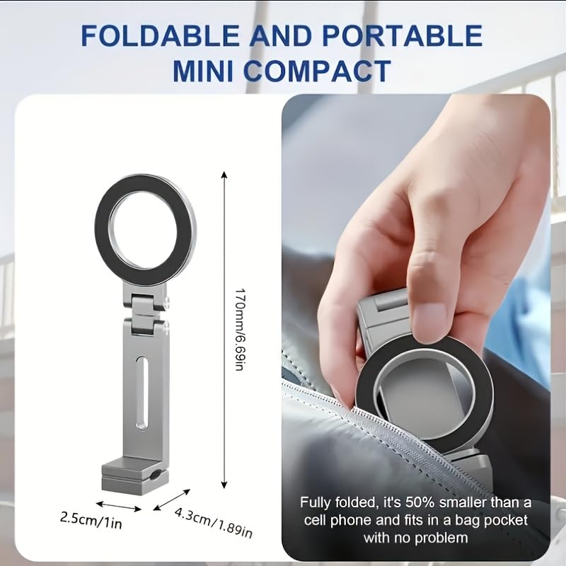 Magnetic Tripod for iPhone 17/16/15/14/13/12 Plus Pro Max Series,Aluminium Mini Magnetic Phone Tripod for iPhone,360° Adjustable Magic Clip Folding Magnetic Phone Stand,1/4" Screw (Grey) Grey