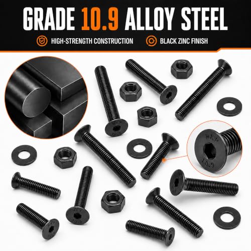 M3 Flat Head Socket Screw Assortment Kit, 11 Lengths M3 Countersunk Machine Screws with Hex Nuts, Flat Washers and Allen Key, Black Zinc-Plated, 945PCS