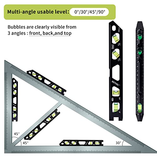 BETHEL Torpedo Level, Magnetic Conduit Level with 4 Vials, V-Groove and Magnet Track,Aluminum Alloy Construction, High Viz Black (9 inch) Black-9 Inch