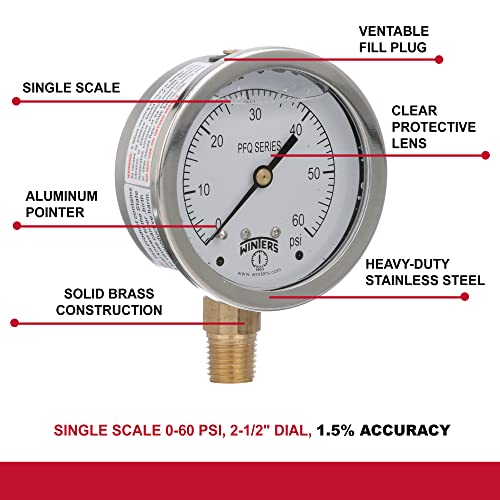 Winters 2-1/2" Dial Size, Liquid Filled Industrial Pressure Gauge, Brass Internals, 304 Stainless Steel Case, Single Scale 0-60 psi, 1.5% Acc, 1/4" NPT Bottom Mount, Glycerin Filled Pressure Gauge 0/60 PSI