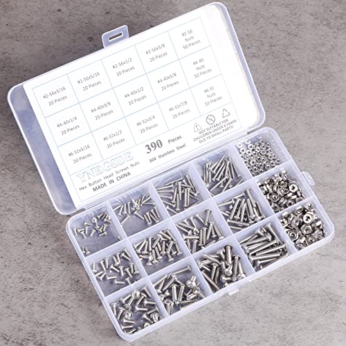 Machine Screw Assortment Kit #2-56/ #4-40/ #6-32 UNC Button Head Cap Screws Bolts Nuts 304 Stainless Steel Nuts and Bolts Assortment Kit, Full Thread, Allen Hex Drive, 390 Piece