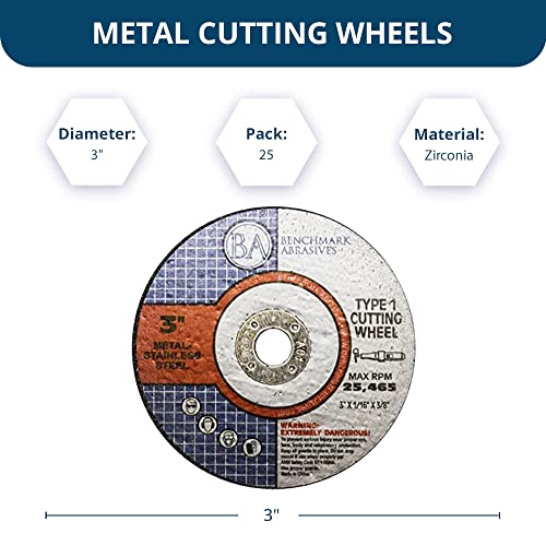 Benchmark Abrasives 3 Inch Aluminum Oxide Thin Type 1 Grinder Cut Off Wheels, 1/16" Thick 3/8" Arbor for Metal and Stainless Steel Die Grinder Cutting Disc, Grinding Cutting Wheel - 25 Pack