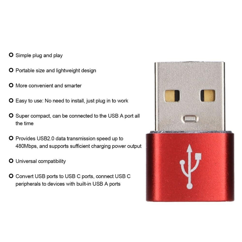3 Pack USB 2.0 Male to USB-C Female Adapter, Aluminum Alloy Type-C Converter for Laptop, Phone, Tablet, Flash Drive(Red) Red