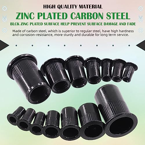Keadic 180Pcs Carbon Steel Threaded Rivet Nuts Assortment Set M3 M4 M5 M6 M8 M10 M12 Rivnut, Zinc-Plated Black Knurled Flat Head Threaded Insert Nut for Furniture Mechanical Fasteners Metric Rivnut Assortment Set-180pcs