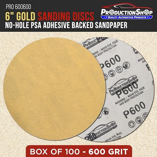 ProductionShop Premium 600 Grit 6" PSA Gold Sanding Discs, Box of 100 - Self Adhesive Stickyback Abrasive Sandpaper for DA & Random Orbital Sanders - Sand Auto Paint Metal, Wood Woodworking Furniture