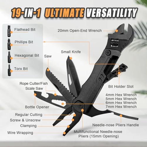 Hanboost Multitool Wrench 19 In 1 Multipurpose Camping Gear Pocket Size Adjustable Wrench with Pliers, Wire Cutter, Cutting Saw, Bottle Opener for Maintenance, Camping and DIY,Gift for Him Matte Black