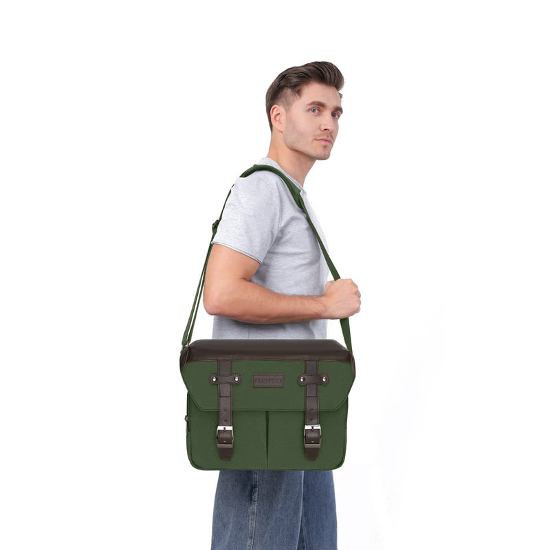 MOSISO Camera Case Crossbody Shoulder Messenger Photography Bag, Army Green | DSLR/SLR/Mirrorless Vintage PU Leather Flap Gadget Bag with Rain Cover Compatible with Canon/Nikon/Sony Camera and Lens