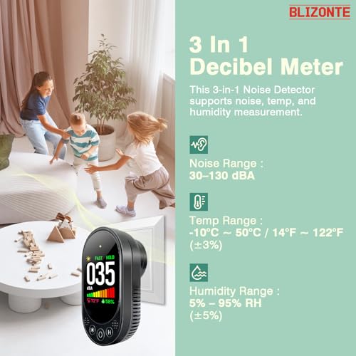 Decibel Meter Plug-in Wall, 3-in-1 Noise Detector(Noise,Temp and Humidity) with Fast/Slow Refresh Rate, MAX/MIN and Data Hold, 30–130 dBA Decibel Range for Rentals, Home, Classroom, Black