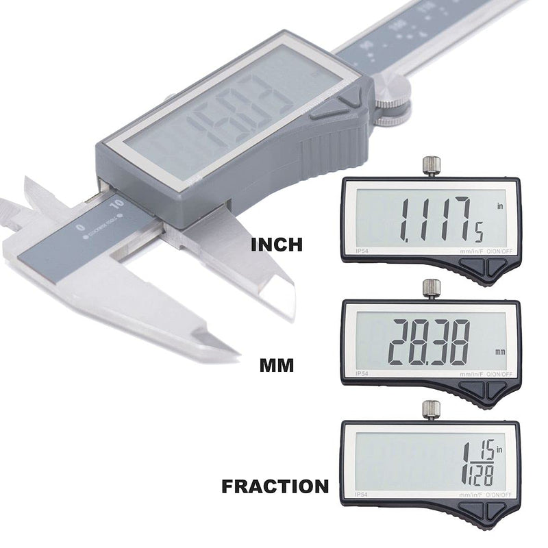 Clockwise Tools IP54 Grade Digital Caliper, DCLR-0805 0-8" /200mm, Inch/Metric/Fractions Conversion, Stainless Steel, Large LCD Screen DCLR-0805 8 inch