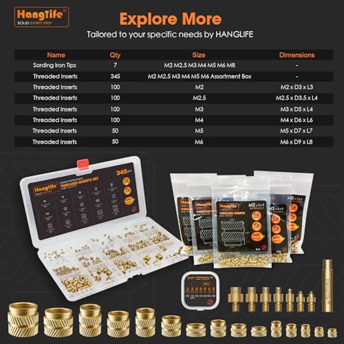 HANGLIFE Heat-Set Threaded Inserts, M2 M2.5 M3 M4 M5 M6 Assortment Box (345 Pieces) Heat Set Insert for 3D Printing Components and Plastic Parts - Brass Metric Knurled Nuts Assortment Kit(345pcs)