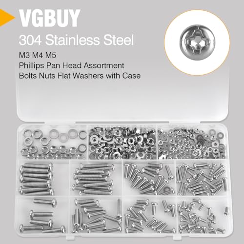 351pcs 304 Stainless Steel Cross Recessed Machine Screw Bolts Nut Washer Assortment Kit - (M3/M4/M5) 8 Sizes for Mechanical Assembly, DIY Projects, Electronics Repair.