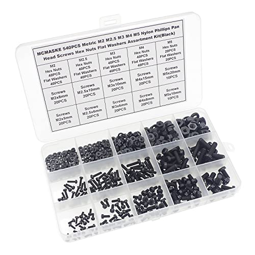 540PCS M2-M5 Black Nylon Phillips Pan Head Screws Nuts Washers Kit M2, M2.5, M3, M4, M5