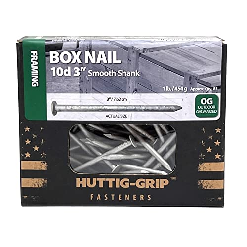 Huttig-Grip 3 in Framing Box Nails 10d Size, 10-1/2 Gauge, Outdoor Galvanized Finish, 1 lb Pack of 85 Nails 3 in - 1 lb Pack