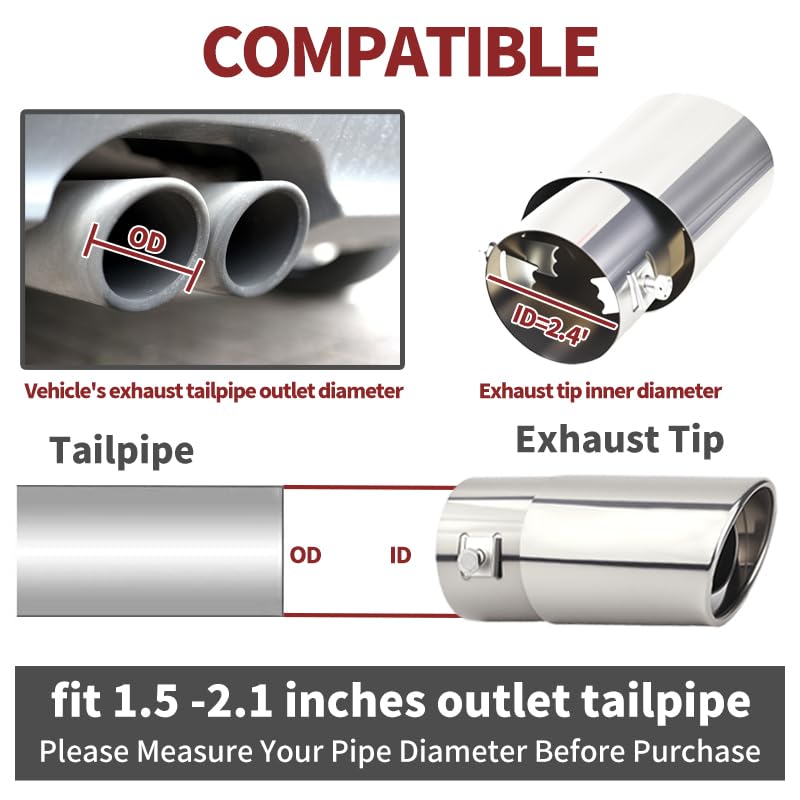 Universal Chrome Exhaust Tip, 1.5"–2.1" Inlet, Stainless Steel, Adjustable Car Muffler Decorative Tip, Fits Pipes with 1.5–2.1" Diameter, 2.24" Outlet, 5.76" Long, Straight Pipe Kit Straight-Silver