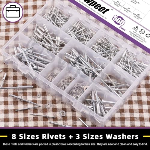 Swpeet 560Pcs Silver 3/32" 1/8" 5/32" 3/16" Pop Rivets Assortment Kit with Stainless Steel Backup Washers, Assorted Aluminum Blind Rivets with Divider Labeled Case for Storage