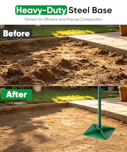 Heavy Duty Steel Hand Tamper, 8"x8" Soil Plate Compactor with 44" Adjustable Handle & Rubber Grip, Anti-Loose Ladscaping Tools for Ground, Gravel, Dirt, Sand, Asphalt, Pavers, Blacktop, Green