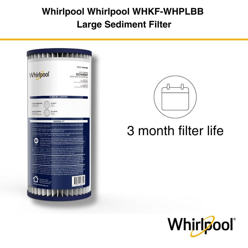 Whirlpool WHKF-WHPLBB Whole House Large Capacity Pleated Sediment Filter, Upgraded 20 Micron Reduces Sand, Soil, Silt & Rust, Fits 4.5" Diameter Standard Home Water Filter Housings 1 Count (Pack of 1)