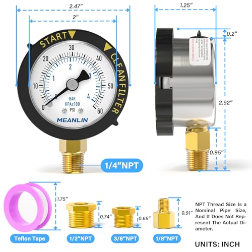 MEANLIN MEASURE 0~60Psi Stainless Steel Start and Clean Filter Pressure Gauge 1/4" NPT Waterproof for Pool Filter Pump Swimming Pool, Spa Lower Mount with Rotatable Plastic Frame and Hex Bushing With adapter