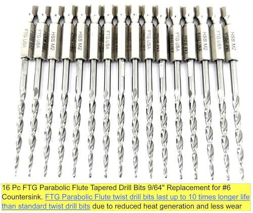 FTG USA 16 Pc #6 (9/64") Parabolic Flute Tapered Replacement Drill Bits, Case Same Sort 16 Pc
