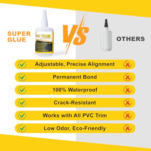 PVC Trim Glue, Bond Trim Joints in 30 Seconds, Allows Adjustment, PVC Trim Adhesive — Suitable for Lumber, Decking, Moulding, Column Covers, Permanently Strong, Waterproof, No Cracking, 4 oz